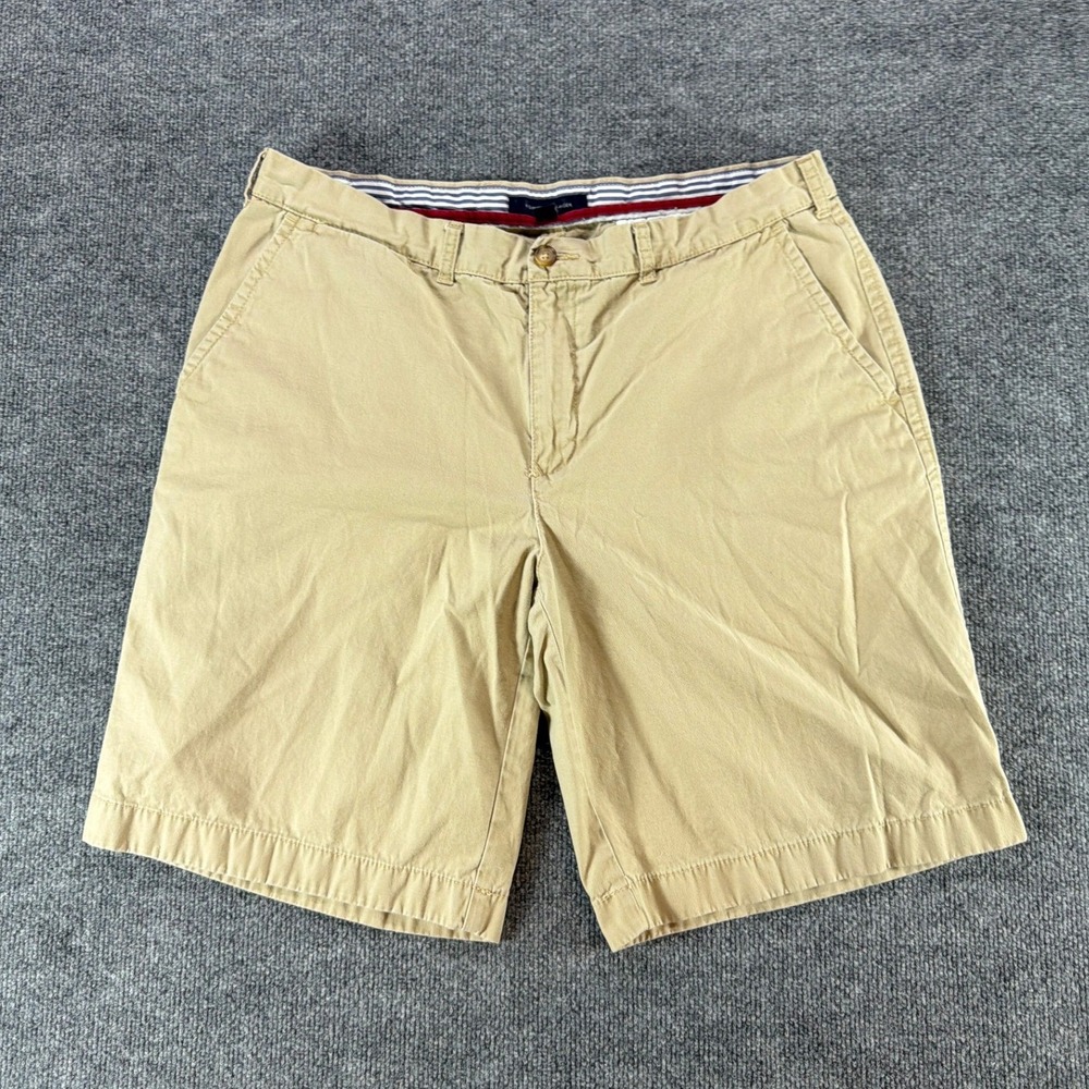 Tommy Hilfiger Men Chino Shorts Tan Khaki Cotton Twill Flat Front Size 38 Summer